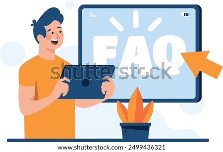 Illustration of a man showing frequently answered questions, digital business vector illustration with colorful design. flat vector illustration