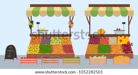 Trays with vegetables and fruits on the market. Workplaces of the market sellers. There is scales and goods: cucumbers, onions, carrots, eggplant, zucchini, apples, plums, grapes in the image. Vector