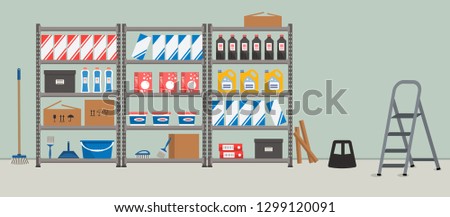 Storeroom. Shelving with household goods. Warehouse racks. There are cardboard boxes, bucket, brushes, bottles, step ladder and other things in the picture. Vector illustration ストックフォト © 