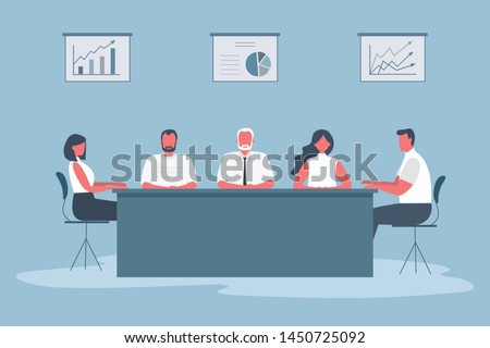 Office workers during the meeting. Employees are sitting at the table in the office. There are also diagrams on the wall. Conference hall. Funky flat style. Vector illustration.