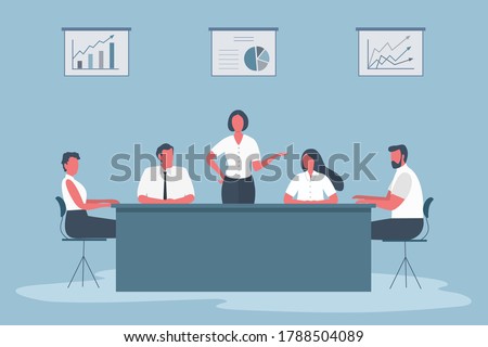 Business people during the meeting. Office workers are sitting at the table in the office. There are also diagrams on the wall. Funky flat style. Vector illustration