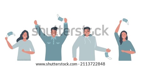 Pandemic end. People are dancing from happiness. Four adults take off their mask and are excited. Vector illustration