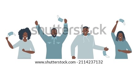 Pandemic end. Black people excitement. Taking off the masks. Four happy people without face masks. Vector illustration.