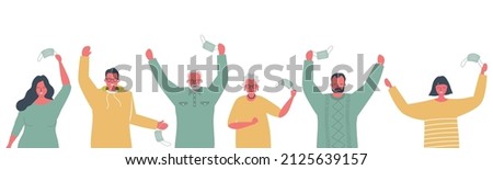 Pandemic coronavirus end. People are dancing from happiness. Six adults take off their face mask and are excited. Vector illustration