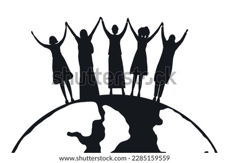 Black silhouettes of women. International Women's Day concept. Women holding hands, stand on the globe background. Women's community. Female solidarity. Silhouettes of different women. Vector 