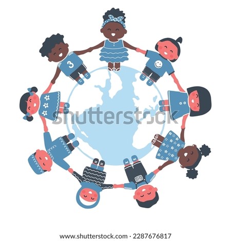 Kids around the globe. Multicultural group of children holding hands. Happy baby girls and baby boys stand in a circle of the planet Earth. Vector illustration