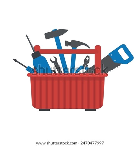 Toolbox. Drill, Hammer, Screwdriver, Wrench, Saw, Pliers are in red toolbox. Vector illustration on white