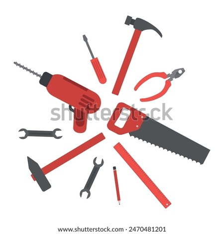 Red Tools isolated on white. Drill, Hammer, Screwdriver, Saw, Wrench, Pliers, Ruler, Pencil. Vector illustration