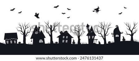 Halloween Seamless Border. Spooky village. Halloween Houses. Black Silhouettes of houses, trees, witch, ghost, bats on white background. Stencil for PaperCut. Vector illustration