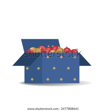 Christmas Ornaments in blue cardboard box with yellow stars. Christmas red and gold balls. Vector illustration on white