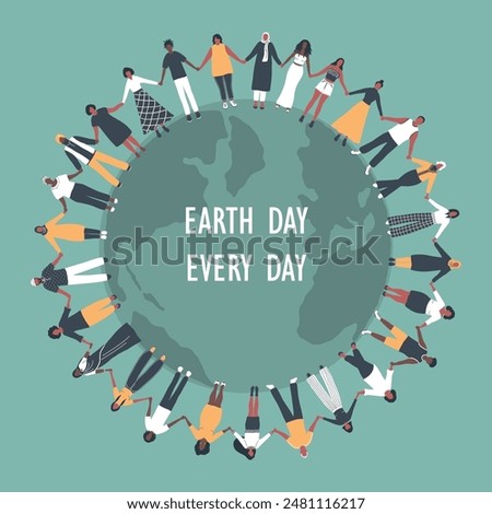 Earth Day Concept. large Group of People. Men Women Holding Hands, Stand around Globe. Multicultural group of people. Diversity. Vector illustration in green, white, black, yellow