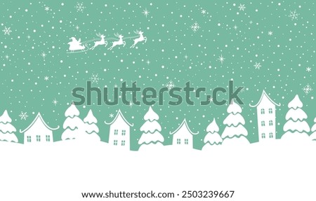 Winter Seamless Border. Christmas Village. White Silhouettes of Houses , Fir Trees. Snowfall. Snowflakes. Santa Claus Rides in Sleigh with Reindeer Across Sky. Vector Illustration on Green Background