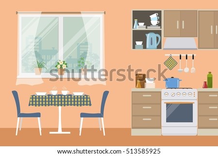 Kitchen in an orange color. There is a furniture, a stove, a table, two chairs and other objects in the picture. Vector flat illustration