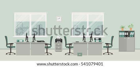 Office room in a gray color. There are tables, green chairs, case for documents, printer and other objects in the picture. Vector flat illustration