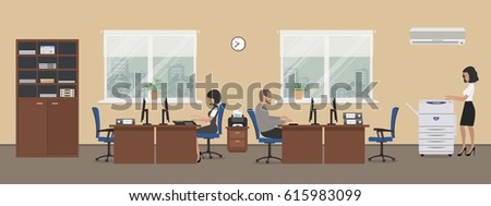 Office room in a beige color. The young women and man are employees at work. There is brown furniture, blue chairs, a copy machine on a window background in the picture. Vector flat illustration.