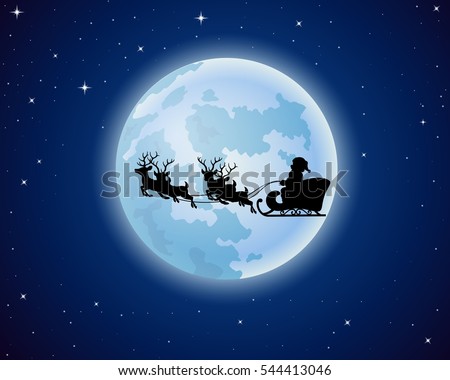 Santa Claus Rides Reindeer Sleigh Silhouette Against A Full Moon ...