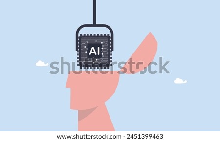 AI, Machine learning technology to calculate and solve problem, artificial Intelligence to think like human, robot and automation innovation concept, robot arm put AI processing chip into human brain.