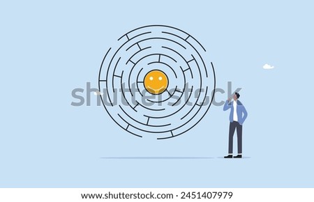 Positive thinking or emotion intelligence, solution to searching for happiness and optimism concept, frustrated businessman find the way to happy smile in the middle of labyrinth puzzle