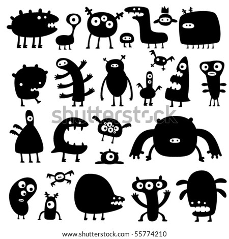 collection of cartoon funny monsters silhouettes