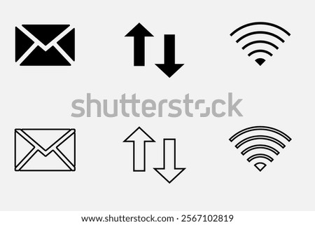 Minimalist Icon Set Featuring Email Envelope, Data Transfer Arrows, and WiFi Signal in Black and White for Digital Design