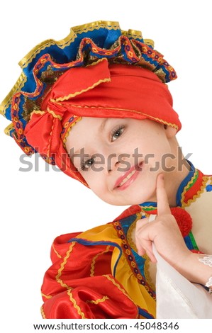 The ten years' girl dances in Russian national suit.