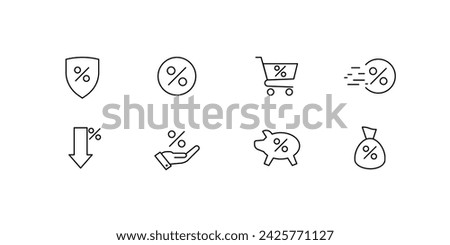 Set of percent icons. Outline, percent icons inside shield, circle, basket, arrow, hand, pig, money bag, percent design. Vector icons