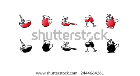 Kitchen utensils icon set. Different styles, mixer, decanter, frying pan, glasses, kettle set, kitchenware icons. Vector icons