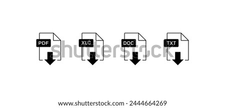 Files with arrow download icons. Linear, PDF, XLC, DOC, TXT files download. Vector icons
