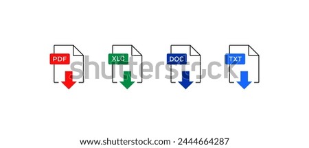 Files with arrow download icons. Flat, color, PDF, XLC, DOC, TXT files download. Vector icons