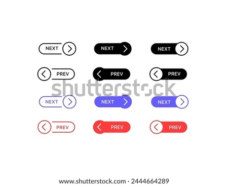 Next and Prev buttons. Different styles, right and left arrow buttons, next and prev buttons. Vector icons