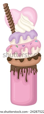 A sweet milkshake filled with pink milkshake in a glass, sprinkled with chocolate syrup, stacked with 3 flavor donuts, and decorated with whipped cream, candy bars, and large pink heart cookies.