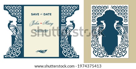 Laser cutting template. Peacock lace two fold paper card with heart pattern. Wedding invitation. Die cut silhouette save the date card with ornamental bird. Greeting envelope. Vector paper cutout.