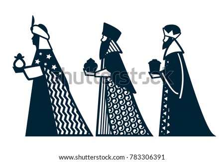 Laser cutting template. Silhouette three wise kings manger design isolated. Three kings of Bethlehem Nativity concept. Die cut  art design. Vector Illustration.