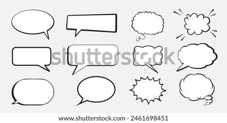 Set, collection of flat style vector speech bubbles, clouds, baloons. Talking, speaking, chatting, screaming, laughing, thinking, dreaming bubbles. Modern motion design shapes with rounded edges.