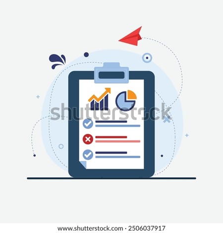 Clipboard illustration of analysis list with plane paper. Document with a sales schedule. Statistics, rise. Sales curve. Report sheet. Check mark