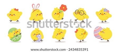Set of cute easter chicks vector. Happy Easter animal element with yellow chicks in different pose, flower, egg, rabbit. Chicken character illustration design for clipart, sticker, decor, card.