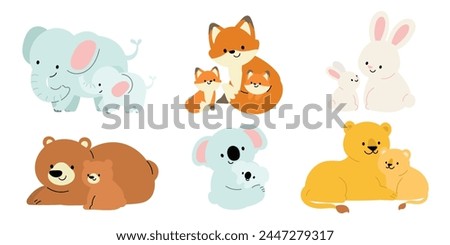 Cute Wildlife Animal and their babies character vector set. Lovely Collection of fox, koala, bears, elephant, lion, rabbit in mother and baby concept. Illustration for Happy Mother's day, clipart.