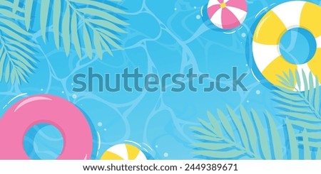 Hello Summer water surface background vector. Blue sea hand drawn backdrop design of ocean, sea, pool, swim ring, beach ball, palm leaf. Tropical summer time illustration for cover, promotion, sale.