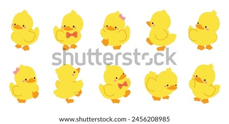 Cute Animal Duck characters set. Hand drawn farm animal cartoon design of yellow duck, duckling, chick in different pose. Adorable baby duck illustration for sticker, clipart, education.