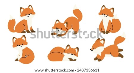 Cute Fox Autumn Season animal set vector. Collection of orange foxes, wolf, dog in different pose, sitting, sleeping, jumping, running. Adorable fox characters illustration for decoration, clipart.