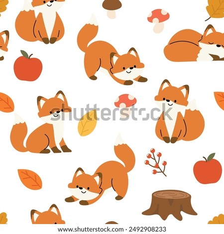 Cute Fox seamless pattern background vector. Animal hand drawn tile wallpaper of fox, autumn season element in pattern. Cartoon character creative design illustration for fabric, packaging, tiles.