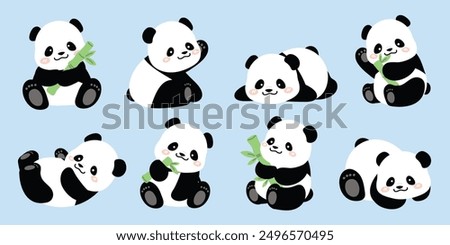 Cute Animal Panda characters set. Hand drawn wild animal cartoon design of panda in different pose, bamboo, sitting, sleeping. Adorable bear mascot illustration for sticker, clipart, education.	