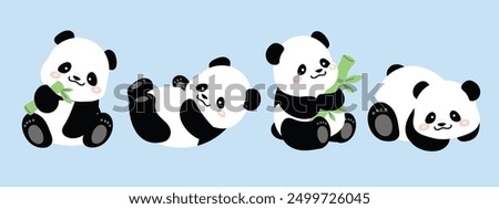 Cute Animal Panda characters set. Hand drawn wild animal cartoon design of panda in different pose, bamboo, sitting, sleeping. Adorable bear mascot illustration for sticker, clipart, education.	