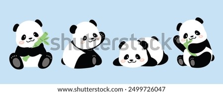 Cute Animal Panda characters set. Hand drawn wild animal cartoon design of panda in different pose, bamboo, sitting, sleeping. Adorable bear mascot illustration for sticker, clipart, education.	