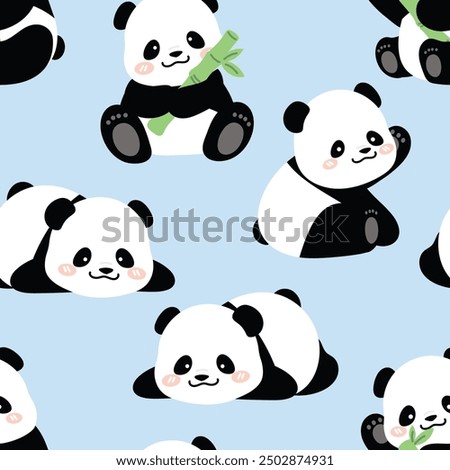 Cute Animal Panda characters seamless pattern. Hand drawn wild animal cartoon design of panda in different pose, bamboo, sitting, sleeping. Adorable bear mascot illustration for fabric, packaging.