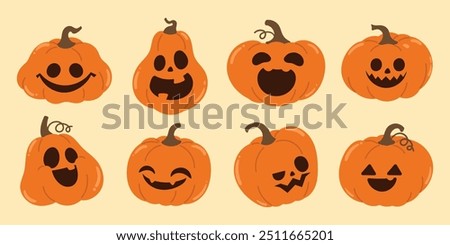 Happy Halloween day Jack o lantern element vector set. Spooky Collection of orange pumpkin in different spooky faces. Creepy jack o lantern illustration for decoration, kids, poster, sticker, icon.