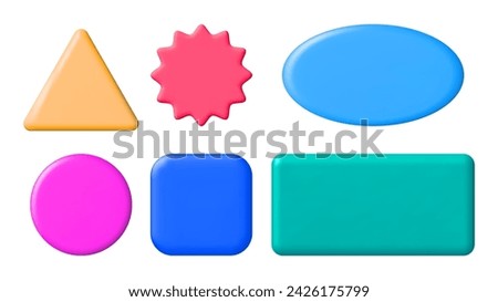 Set of 3D Colorful Glossy Badge. Square, Rectangular, Round, Oval, Triangular Shapes. Banner Blank Text Box Templates. Plastic Render Buttons Collection for Web and Apps. Vector Illustration