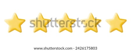 3D Glossy Yellow Five Stars Rating Isolated. Reviews Five Star Realistic Render. Testimonials, Rating, Feedback, Survey, Quality and Review. Achievements or Goal. Vector Illustration