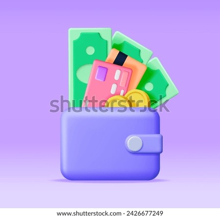 3D Money and Leather Wallet. Bank Card and Purse. Gold Coins and Dollar Bills. Render Money Bills. Growth, Income, Savings, Investment. Symbol of Wealth. Business Success. Vector illustration.