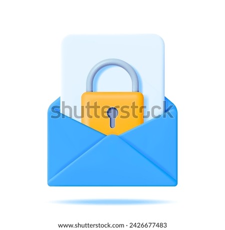 3D Mail Envelope and File with Padlock Isolated. Render Email with Attached Pad Lock. Computer Data Protection, Security and Confidentiality. Safety, Encryption and Privacy. Vector Illustration